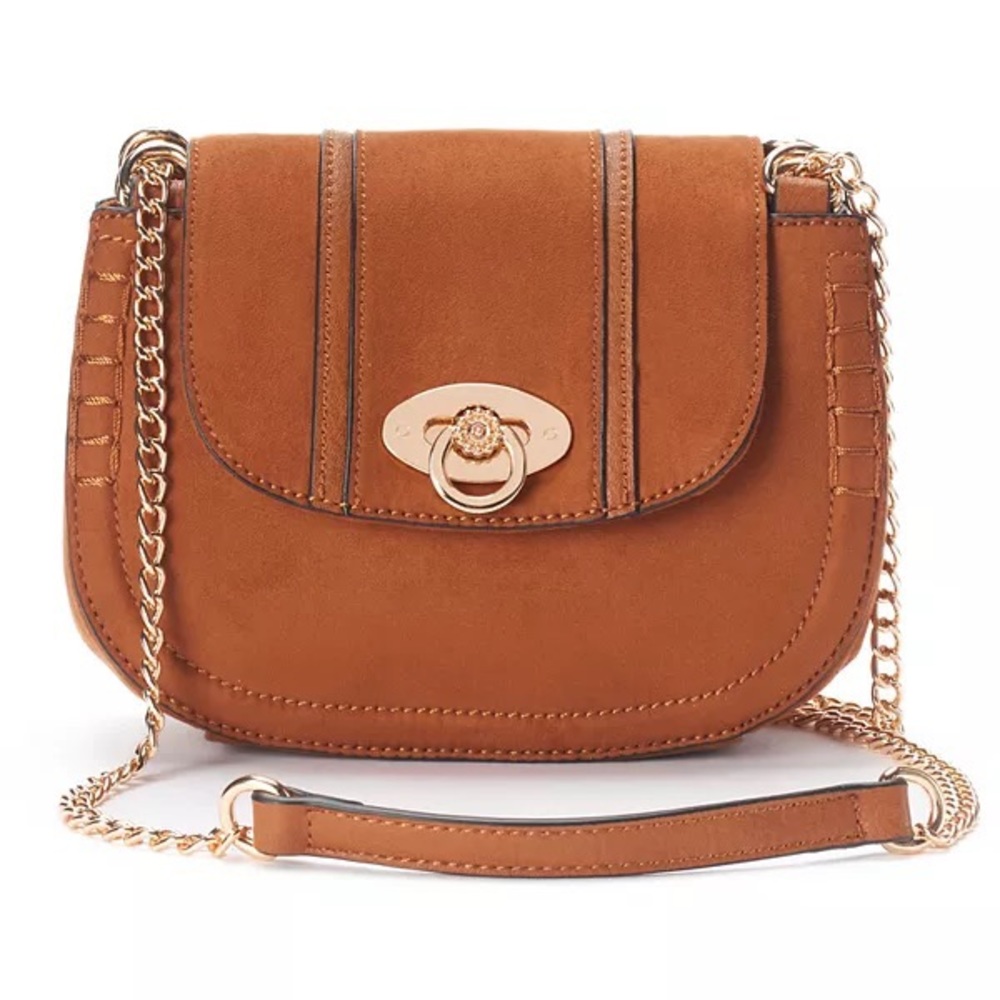 LC‎ LAUREN CONRAD Macaron Saddle Tan Crossbody Bag | Stitched Faux Leather - Picture 4 of 11